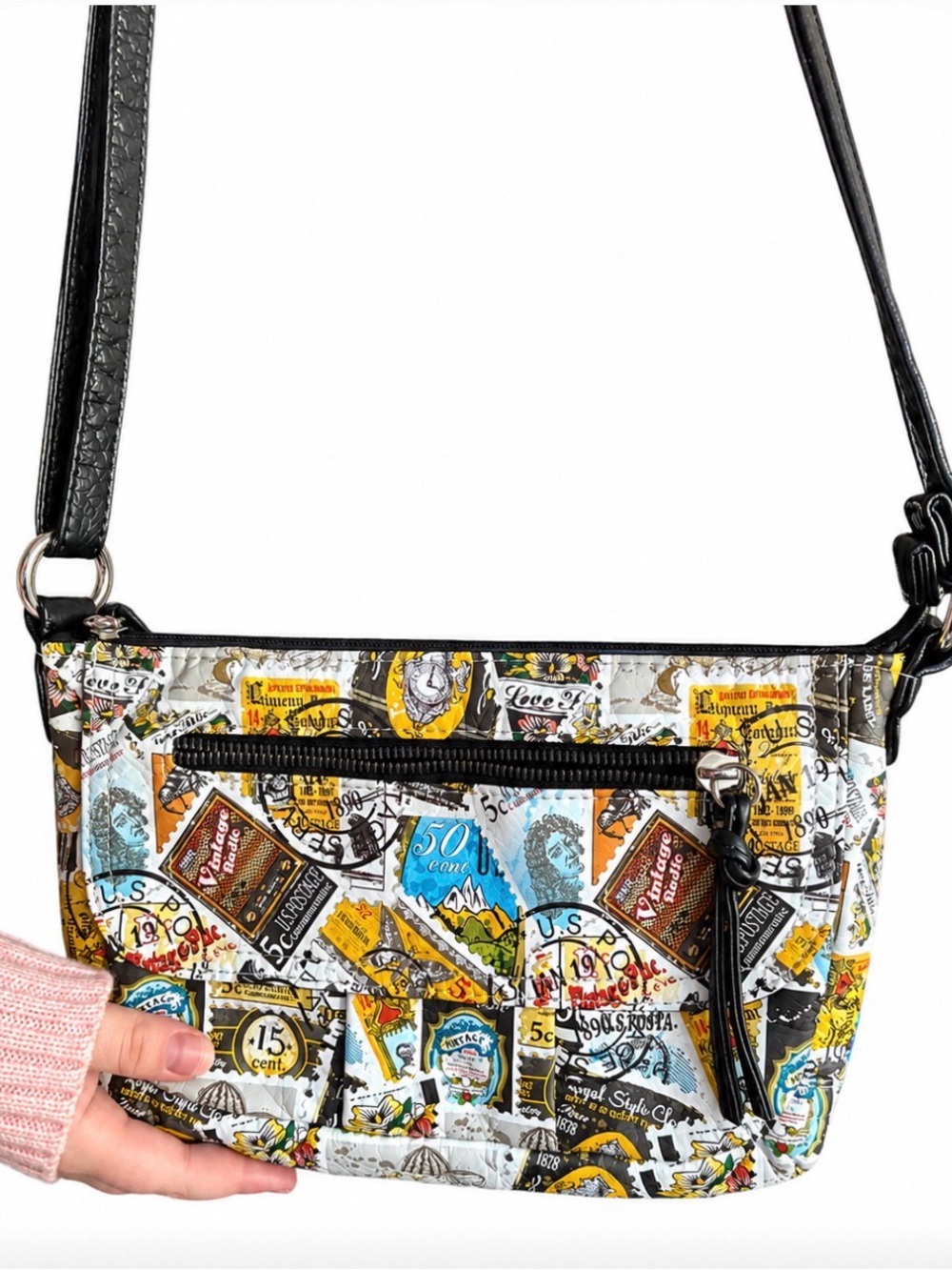 Stamp-Print Crossbody Bag with Black Strap